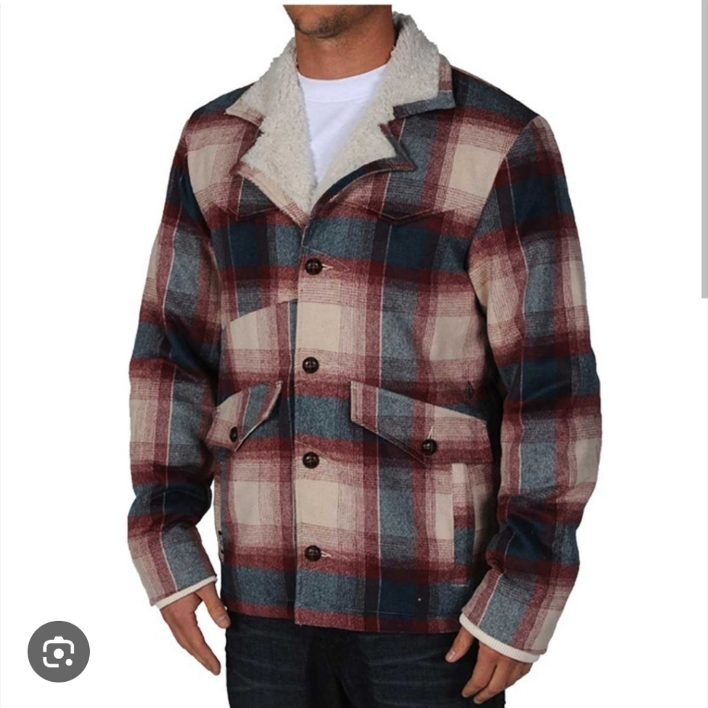 Volcom Woodlake Plaid Sherpa Jacket Grandpa Button-up Sz Medium Western Outdoors